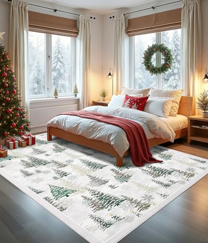 GarveeHome Red & Beige 8x10 Christmas Rug Non Slip Washable Snow Tree Decor