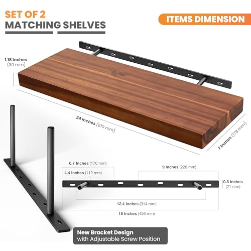 BATODA 24-Inch Acacia Wood Floating Shelves Set of 2 Wall Mounted Rustic Storage