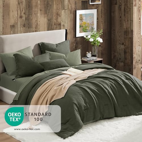 King Comforter Set - 7 Pieces Green Textured Bed in a Bag Bedding