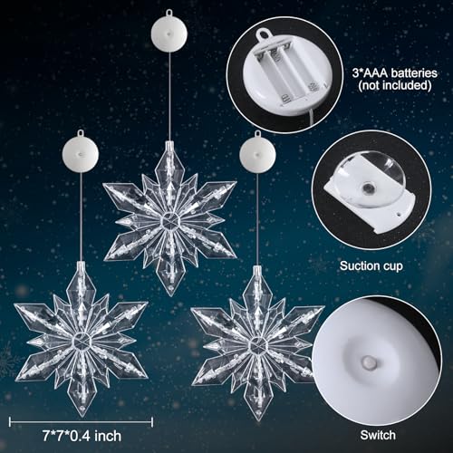 3Pack Christmas Window Lights Decorations with Timer,Battery Powered Christmas Hanging White Lighted Snowflake Shaped LED Sucker for 2026 Xmas Tree Fireplace Indoor Decor