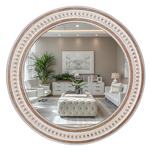 24 Inch Round Wooden Bathroom Mirror - Rustic Farmhouse Wall Decor - Style 1