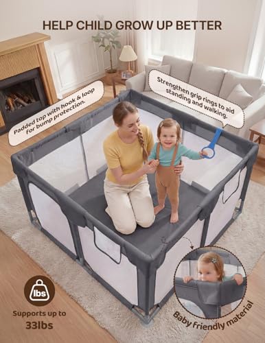 Small Baby Playpen 47x47 Inches with Pull-Up Rings - Dark Gray
