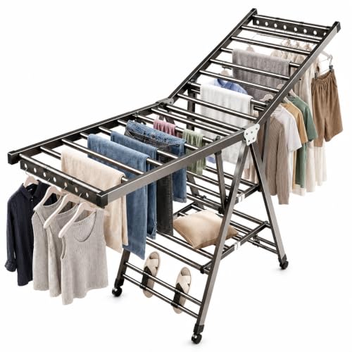 Heavy Duty 3-Tier Clothes Drying Rack with Wheels, 5.9ft Large Capacity