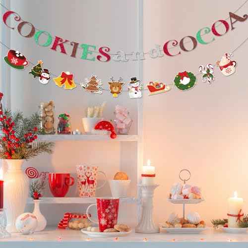 Cookies Cocoa Party Decorations - Christmas Snowman Banner 2 Pcs Snowflake Gingerbread Man Garland Hot Chocolate Bar Decor Supplies for Winter Holiday Birthday Xmas New Year Party Decoration