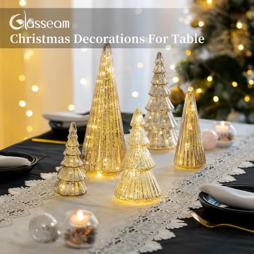 Glass Christmas Tree Set - Silver Mercury Finish, 5 Pcs Hand-Blown Holiday Decor