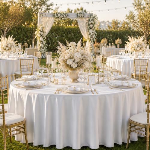 White 120 Inch Round Tablecloths - Pack of 10 Washable Polyester Cover for Dining & Events