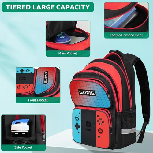 Kids Backpack Set for Boys - 17-Inch Gamer School Bookbag, Red & Blue