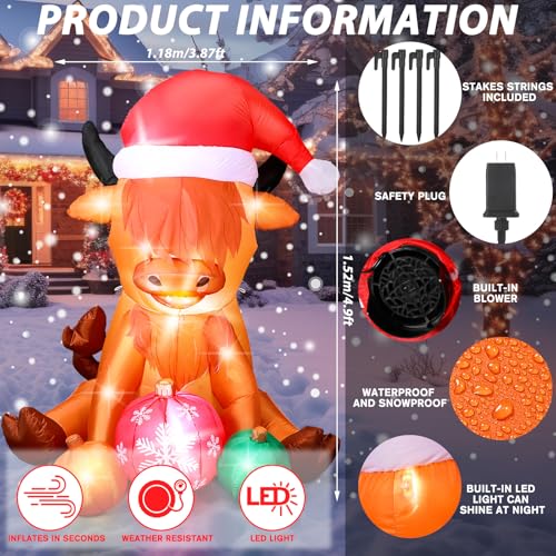 4.9 ft Christmas Inflatable Cow with Santa Hat