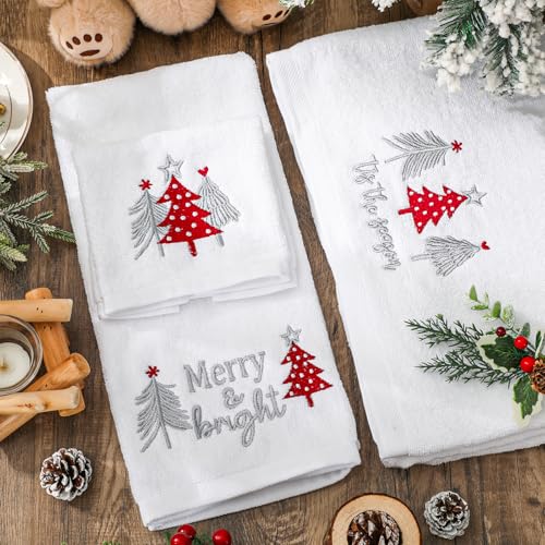 Red Christmas Bathroom Towels Set of 3 - Embroidered Cotton Holiday Hand & Face Towels