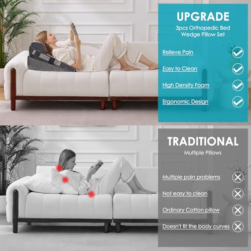 Adjustable Memory Foam Wedge Pillow Set - 12 Inch + 1 Head Pillow, Plush Grey, Post-Surgery & Reflux Relief