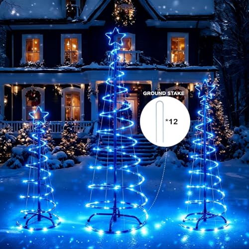 FLAGLY Blue 3-4-5FT Lighted Christmas Spiral Trees Set with Stakes – Indoor & Outdoor Holiday Decor