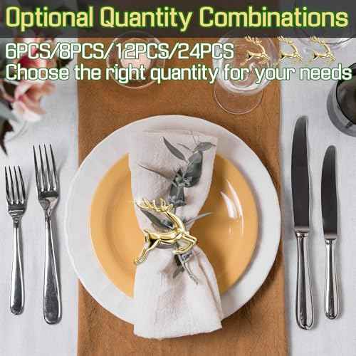 ZeeDix Gold Reindeer Christmas Napkin Rings Set of 6, Napkin Holder Ring for Christmas Dinner Table Decor Cloth Napkins, Wedding Receptions, Holiday Party, Banquet and Home Kitchen