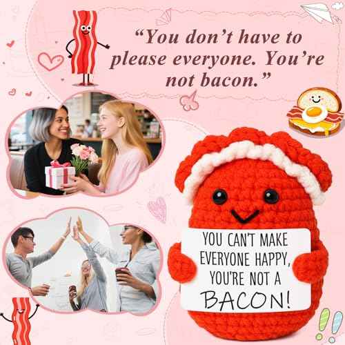 Mini Motivational Bacon Handmade Crochet Bacon for Women White Elephant Christmas Encouragement Gift for Friends Coworkers Small Birthday Back to School Gifts Cute Motivation Unique Office Desk Decor