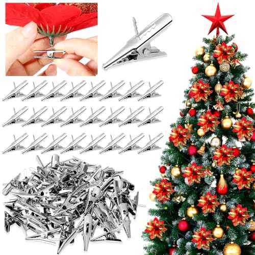 100 Pcs Christmas Tree Ornament Clips Ball Flower Decoration Clip Iron Metal Alligator Spring Clamps Test Line Crocodile Craft Baubles Hooks Hanger for Xmas Decorations 1.18 Inch