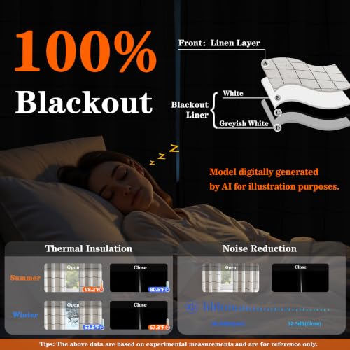 MYSKY HOME Blackout Plaid Linen Curtains 52W x 84L Double Panel Set for Living Room, Insulated & Privacy, Black
