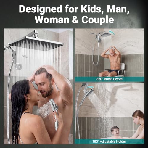 KOSNEW 12-Inch XXL Rainfall Shower Head & Handheld Combo - Chrome Polished