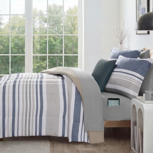 Ocean Blue Queen Comforter Set - 7 Pieces Striped Bedding in a Bag