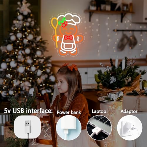Gingerbread Neon Sign with Spoon - Lulkod, Dimmable Christmas Gingerbread Man Neon Sign for Bedroom