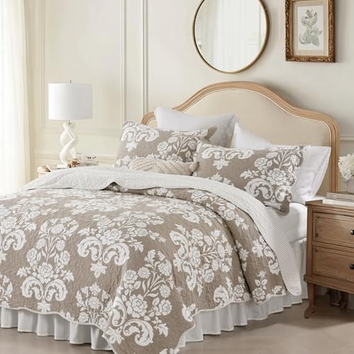 Queen Reversible Cotton Quilt Set Farmhouse Tan Taupe 90x98 Bedding