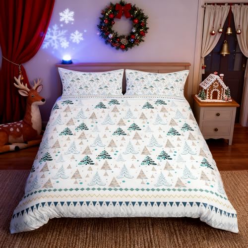 Christmas Trees Kids Duvet Cover Set Queen Size,Snowflake Dots Waves Patchwork Bedding Set,Girls Boys Adults Xmas Decor,Merry Christmas Rustic Cabin Comforter Cover,Green Quilt Cover,2 Pillowcases