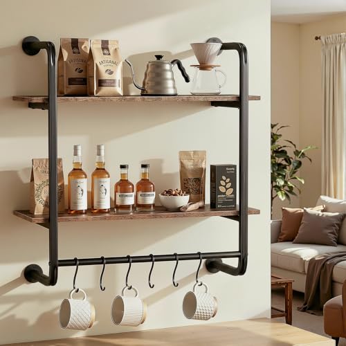 2-Tier Industrial Pipe Floating Wall Shelf - 24 Inch Kitchen & Living Room Storage