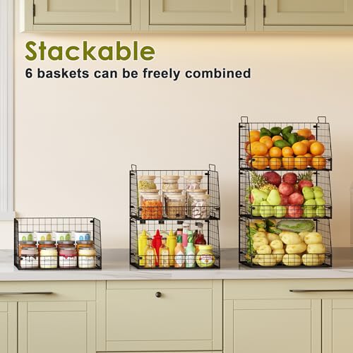 Stackable Wire Pantry Baskets 6 Pack with Variation - Space Saving Kitchen Storage