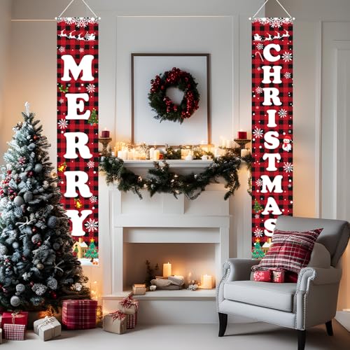 Aeergured Christmas Banner Red Black Buffalo Plaid 71" x 12" Welcome Porch Sign – Indoor/Outdoor, Santa Tree design, Merry Christmas, Reusable