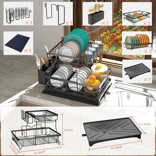 Godboat 2-Tier Dish Drying Rack - Auto Drain-to-Sink Black