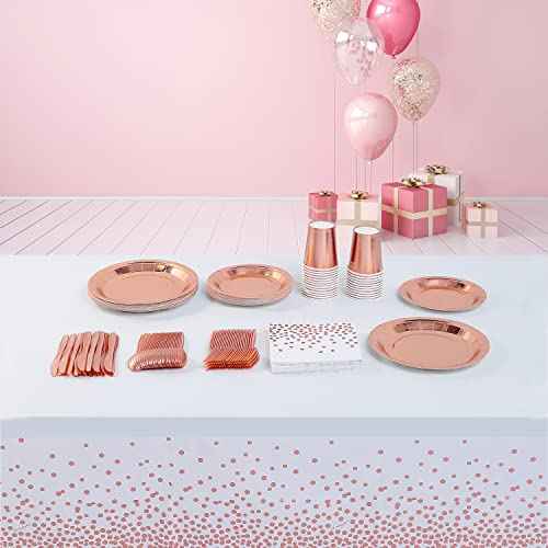 108"x54" 2 Packs Rose Gold White Tablecloth for Parties Rectangle Table, Dot Confetti Rectangular Plastic Table Cover, Thanksgiving Christmas, Wedding, Anniversary, Baby Shower, Birthday