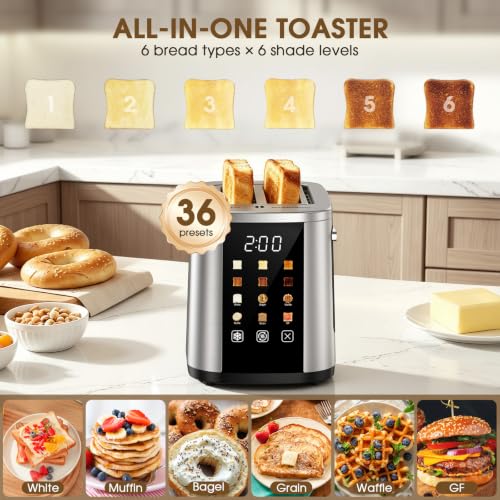 Foyoconven 2-Slot Stainless Steel Toaster with Touch Screen, 1.5 Inch Wide Slots, Digital Timer & 6 Shade Settings
