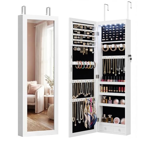 Full-Length Wall-Mounted Jewelry Cabinet with Lock & LED Lights - White, 50"