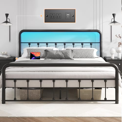 Queen Size Fluest 14-Inch Metal Bed Frame with Charging Station & LED Lights
