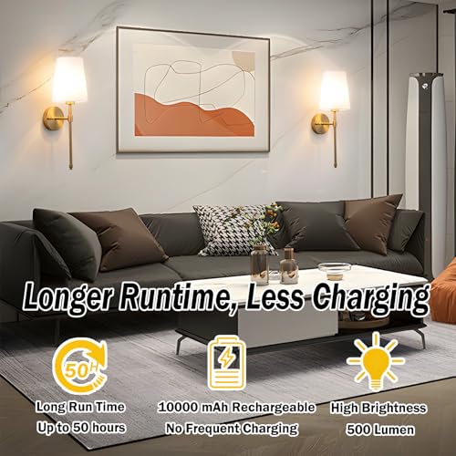 Brass Rechargeable Wireless Wall Sconces Set of 2 - 19.29 Inch, Remote & RGB Dimmable, 50 Hours Runtime