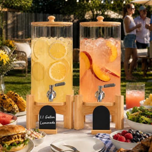 Yellow 1.1 Gallon Glass Drink Dispenser with Wood Stand - Party Beverage Dispenser