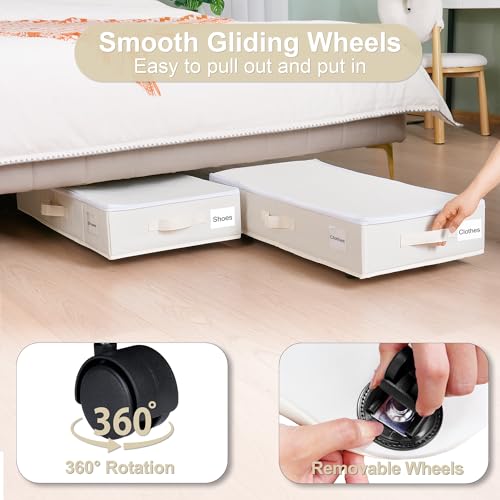 Beige Under Bed Storage Containers with Wheels - 2 Pack with Label Holders, Large Capacity, Dustproof Cover (30.71x15.7x7.28 in)