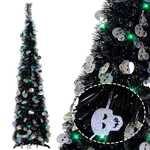 Lighted up Christmas Tree for Indoor Decoration 5FT Pre-lit Mini Balck Pop up Tree with 60 Lights,Black Tinsel with Silver Laser Skull Collapsible Tree Halloween Decorated Tree