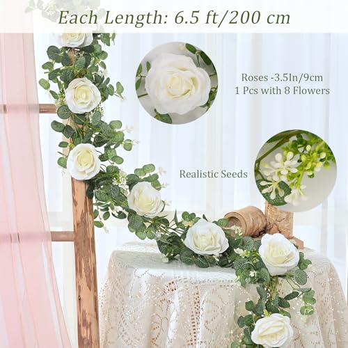 White Rose Eucalyptus Garland 4 Pcs, Faux Floral Wedding Decor, 26ft