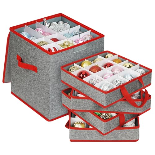 UHAPEER Christmas Ornament Storage Box Grey+Red Holds Up to 64 Balls