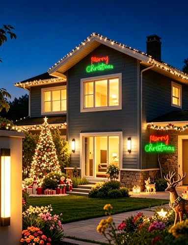 HeliosRibbon 48 Inch Merry Christmas LED Light Sign - Red & Green Outdoor Decor