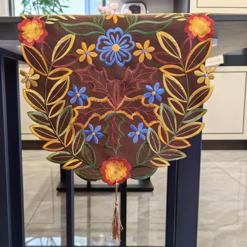 Autumn Flowers & Maples Table Runner 69in - LeLehome Embroidered Decor, 14" x 69"