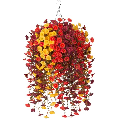 Artificial Fall Outdoor Flower Plant with Hanging Basket - UV Resistant, Brown Orange Yellow