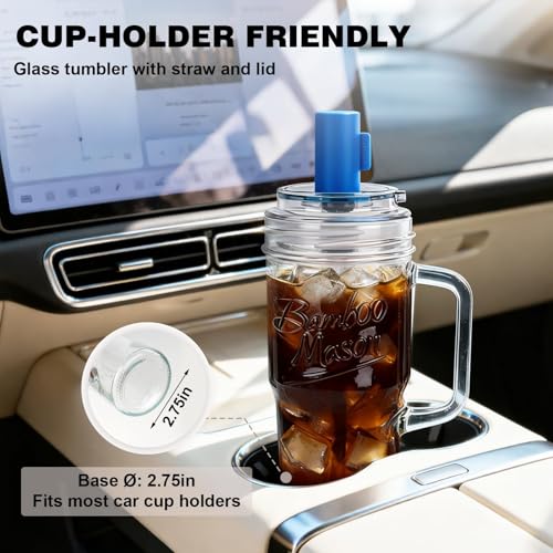 ANOTION Mason Jar Cups with Lids & Straws - Colorful Handle, 24oz Leakproof Glass Tumbler Set for Iced Coffee & Matcha, 4 Pack