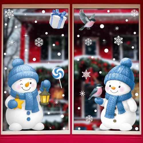 Christmas Window Stickers Cute Snowman Snowflake Window Clings Decals Reusable Double Sided Static Clings Window Clings for Glass Windows for Winter Christmas Decorations 4 Sheet