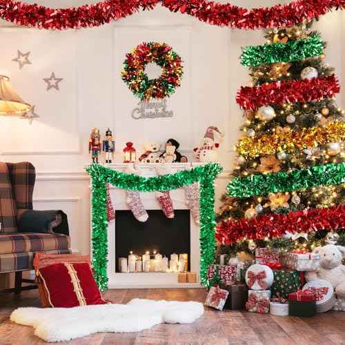 MARFOREVER Xmas Tinsel Garland Decor, Christmas Metallic Garlands Red Green Gold Hanging Garland for Merry Christmas Party Wedding Fireplace Stairs Railing Mantel Wreath Ornaments, 3 Pcs 19.7 FT