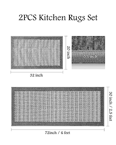 Grey Extra Large Kitchen Runner Rugs 2PCS - 2.5x6ft & 20x32 Inch Non-Slip Mats, Perfect for Kitchen & High Traffic Areas - Grey - 2 Piece