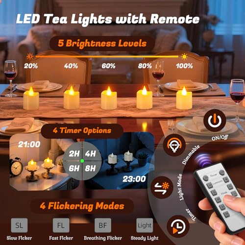 PChero 12pcs Flameless Candles with Remote & Charging Station - Rechargeable LED Tea Lights