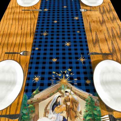Christmas Table Runner Holy Nativity Tablecover Religious Scene Decor Christmas New Year Xmas Decor Nativity Decorations for Home Party