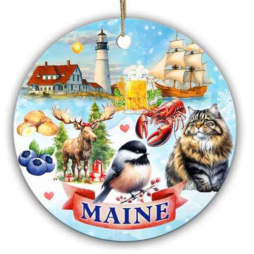 Maine State Christmas Ornament 2025 ? Portland Head Lighthouse, Moose, Lobster, Blueberries, Chickadee & Sailing Ship ? New England Souvenir Gift & Coastal Holiday