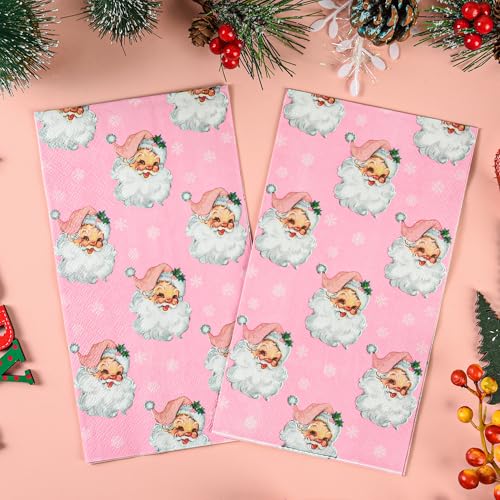 Pink Christmas Paper Napkins with Santa Claus & Snowflakes - 100 Pack