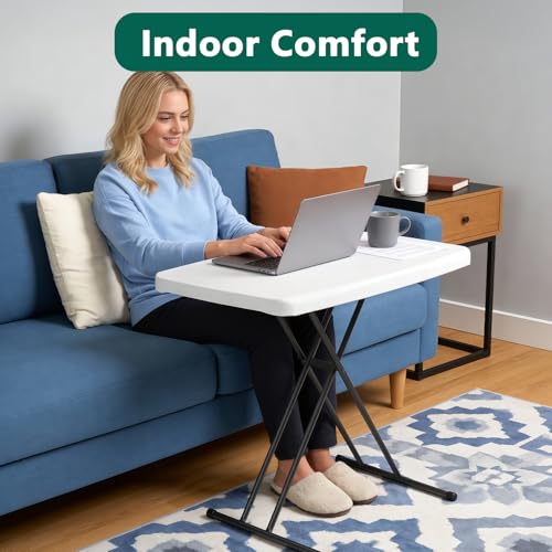 Plastic White 30-Inch Folding Table with 3-Height Settings - Heavy Duty Portable Desk for Camping, Home, Office, and Outdoor Use - No Assembly